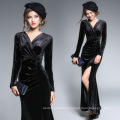 High Slit Long Sleeve Deep V-neck Satin Velvet Women Long Maxi Dress Formal Prom Dresses